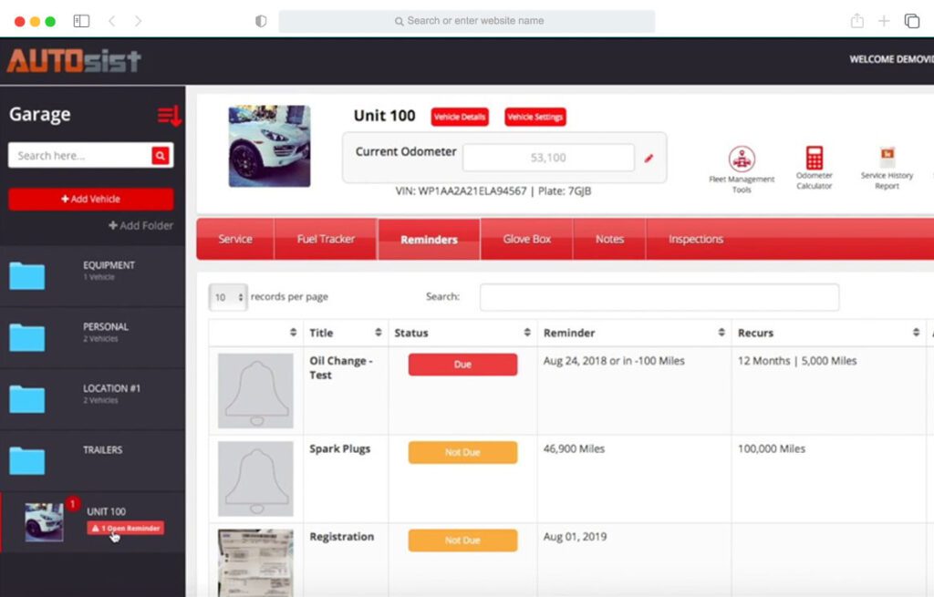 A screenshot of Autosist fleet management software system