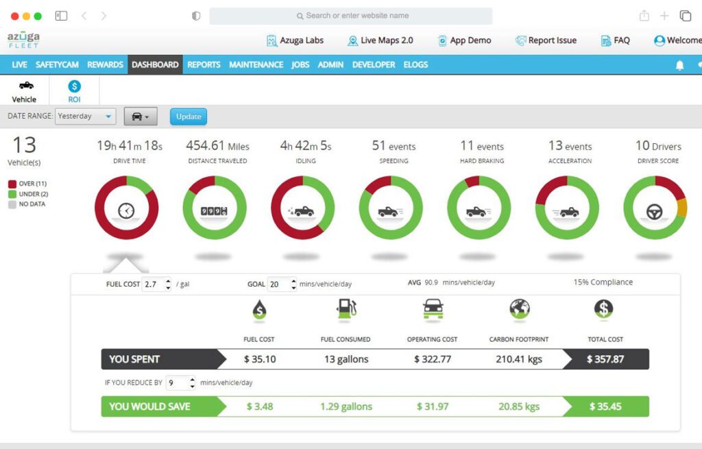 A screenshot of Azuga fleet management software system