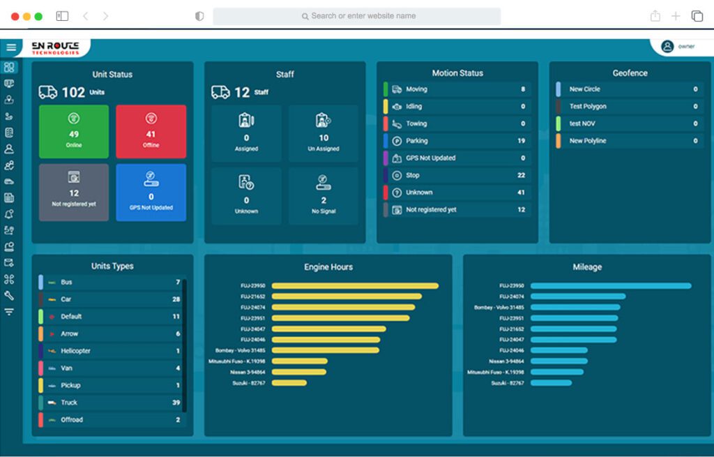 A screenshot of Enroutech fleet management software system