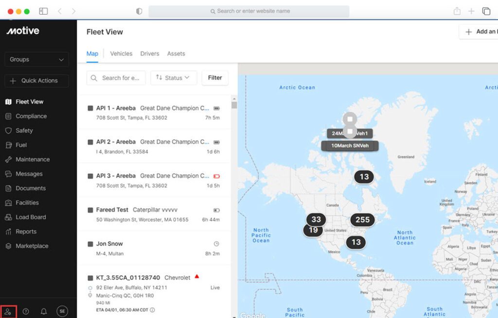 A screenshot of Motive fleet management software system