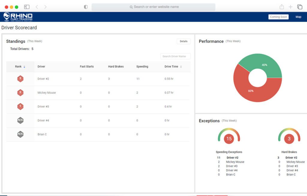 A screenshot of Rhino Tracking fleet management software system