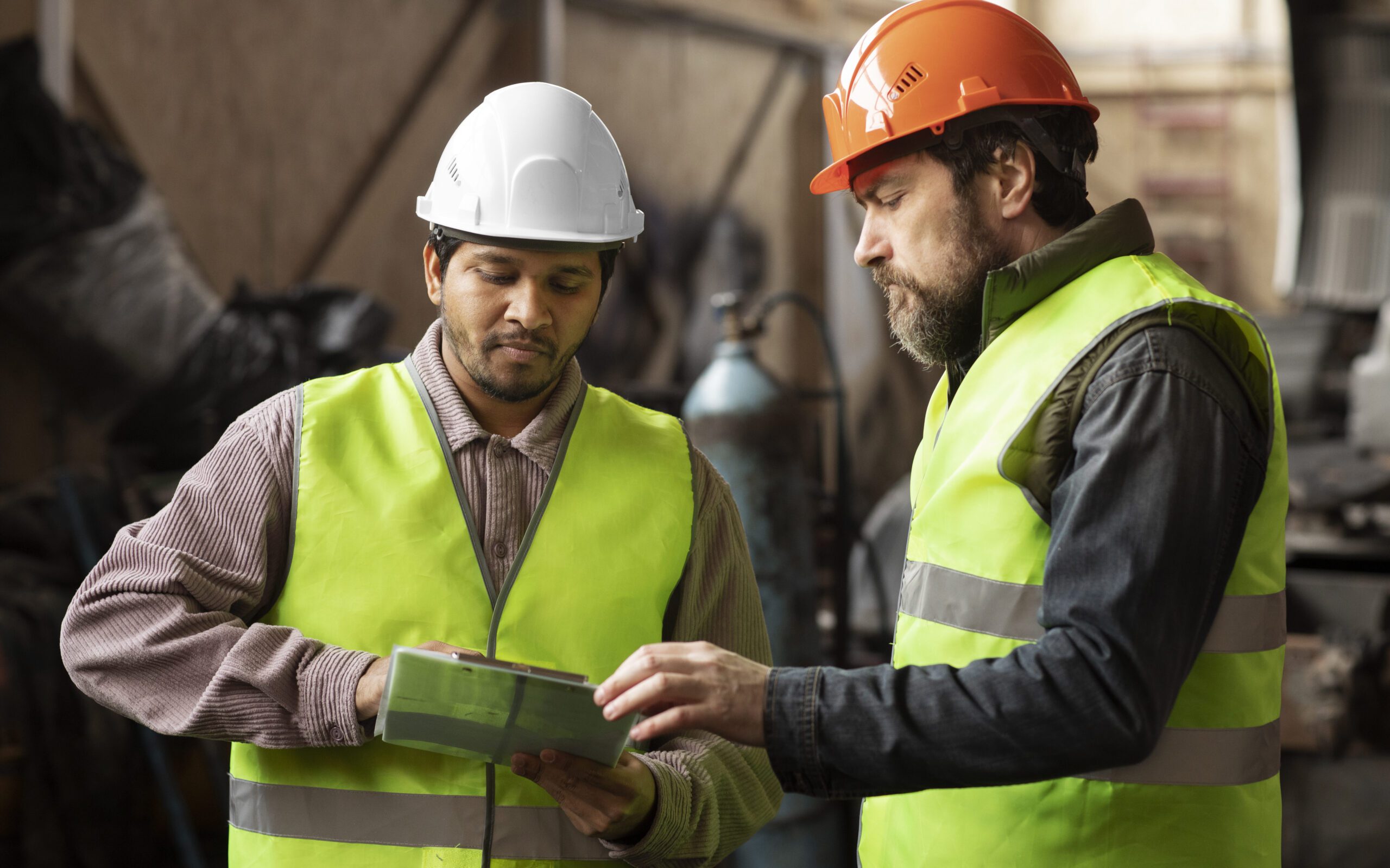 Two logistics planners discussing their fleet management software report